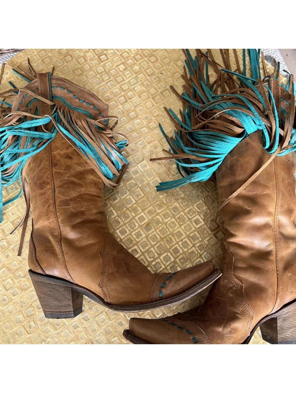 Corral Vintage Fringe Leather Tan & Turquoise Women’s Size 10M Cowboy Boots